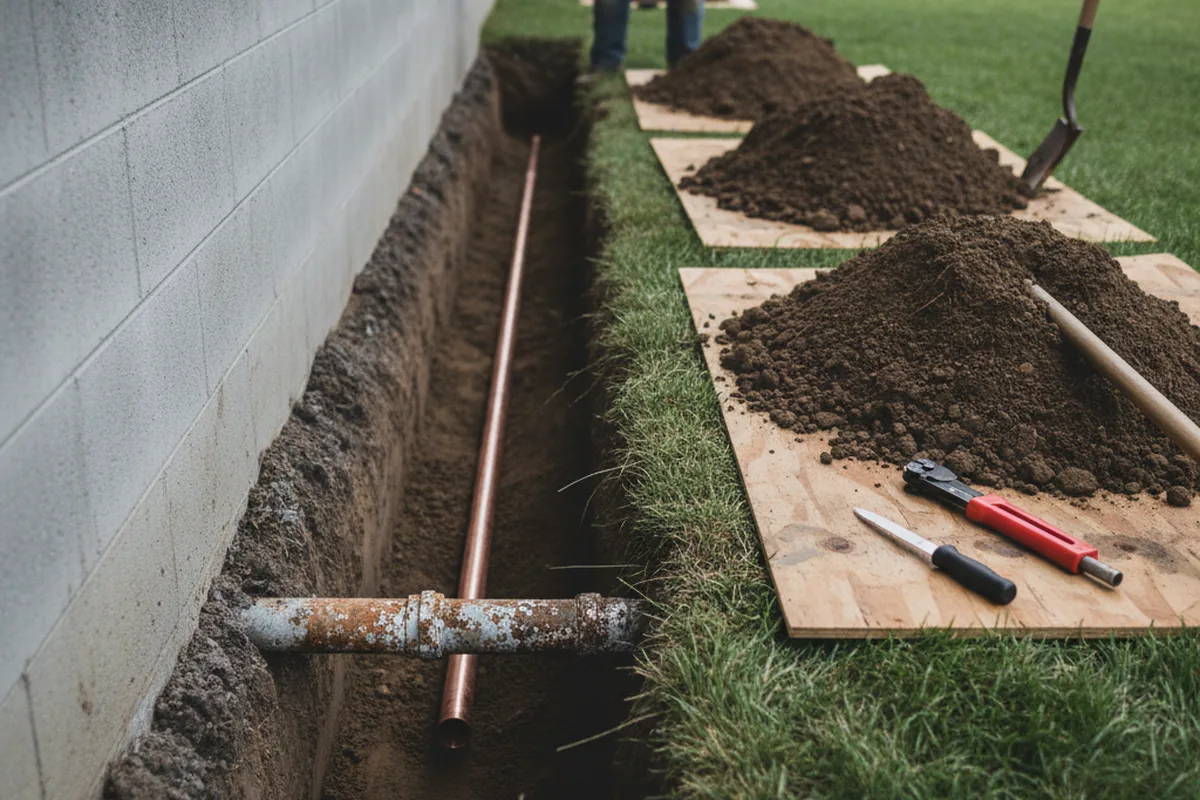 Excavated water line trench during Water Softener Installation in Oak Grove